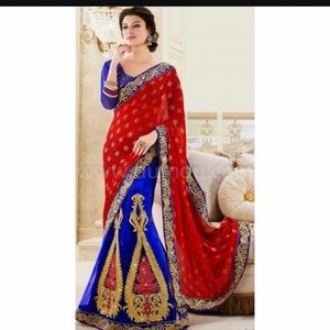 Velvet Red and Blue Saree